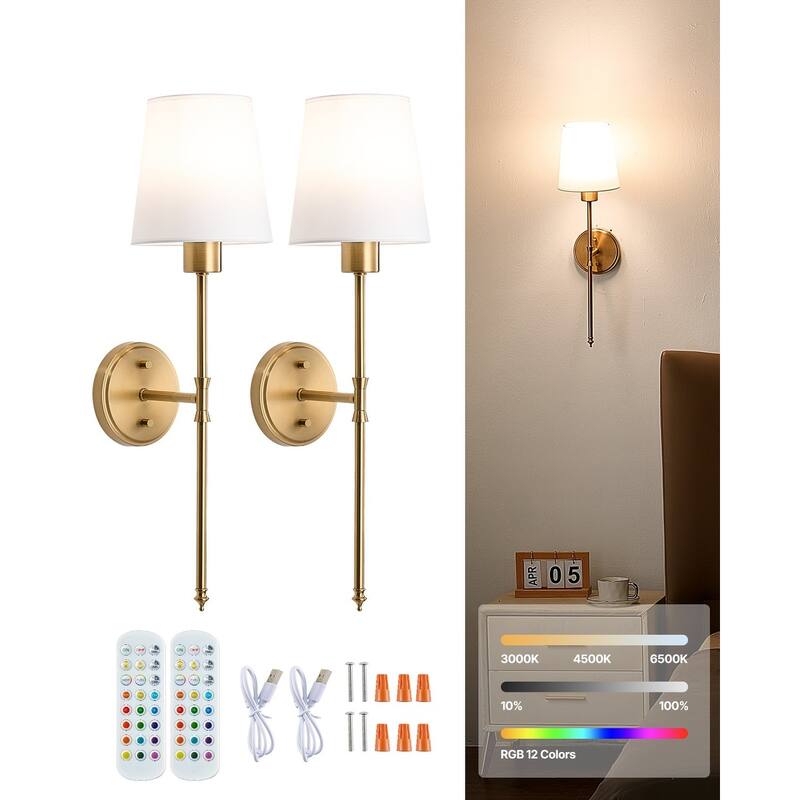 Gold and White Rechargeable Battery-Operated Wall Sconces with 12 RGB Colors - 23.82 x 6.69 x 8.39 in - Gold-White