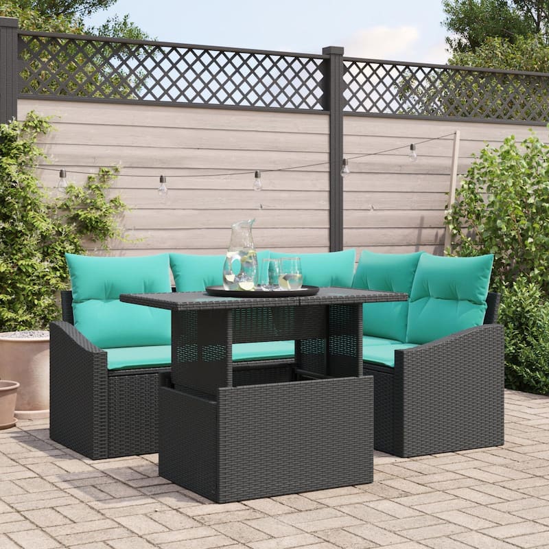 vidaXL 5 Piece Garden Sofa Set with Cushions Black Poly Rattan - 70.3×48.6×27.2