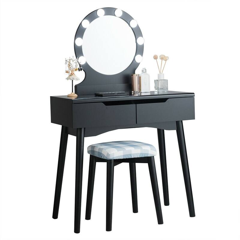 Dressing Table with Large Round Mirror and 8 Light Bulbs for Bedroom - 31.5" x 16" x 52" (L x W x H)
