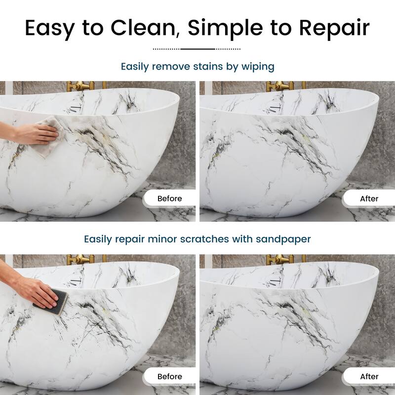 63 in. x 37 in. Solid Surface Freestanding Soaking Bathtub in Matte White with Italian Snowflake Marble Pattern, Center Drain