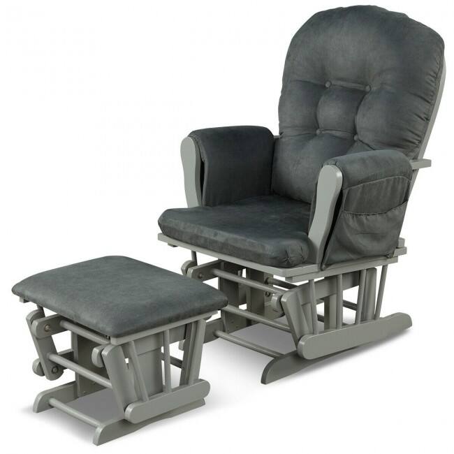 Solid Wood Gliding Chair Set with Pockets and Ottoman for Relaxing - Dark Grey