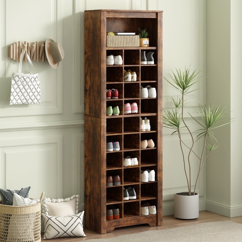 Space Saving 30 Pair Shoe Storage Cabinet with Cubbies Bed Bath