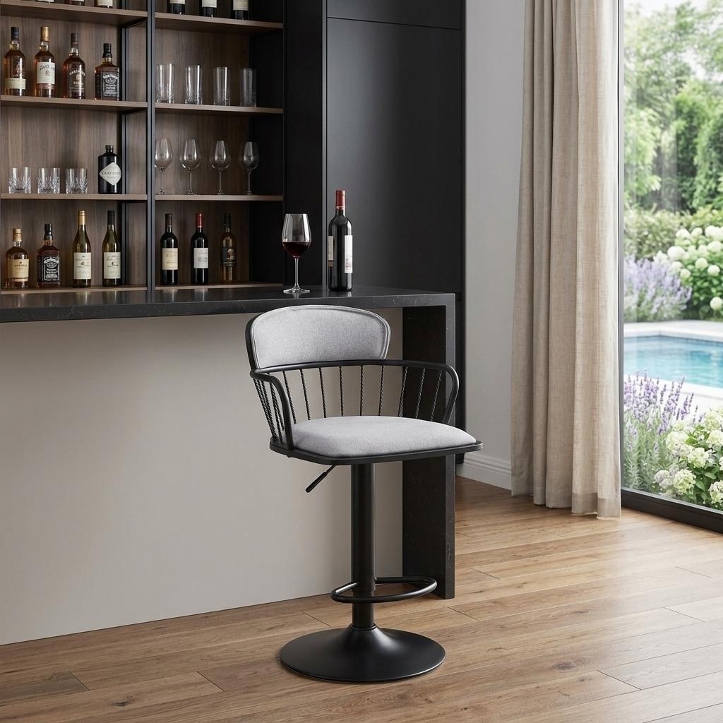 HomeRoots Light Gray and Black Fabric with Metal Swivel Low Back Adjustable Height Bar Chair