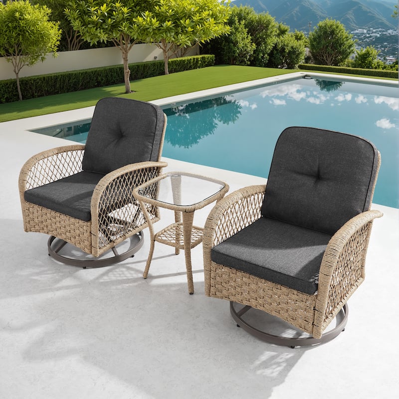 Corvus Helicon 3-Piece Outdoor Wicker Swivel Chat Set with Cushions and Glass Side Table
