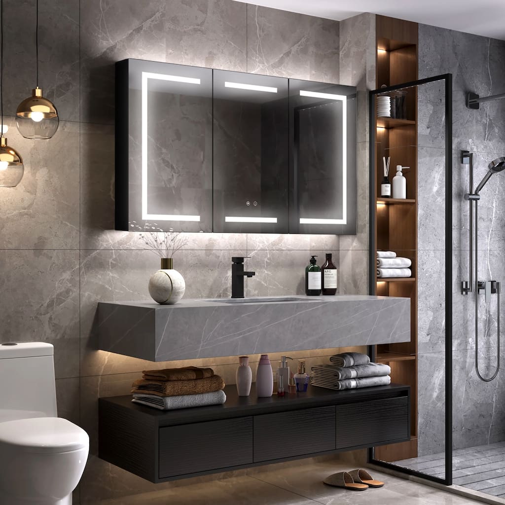 48" X 30" LED Mirror Medicine Cabinet with Lights,Aluminium,Matte Black - N/A