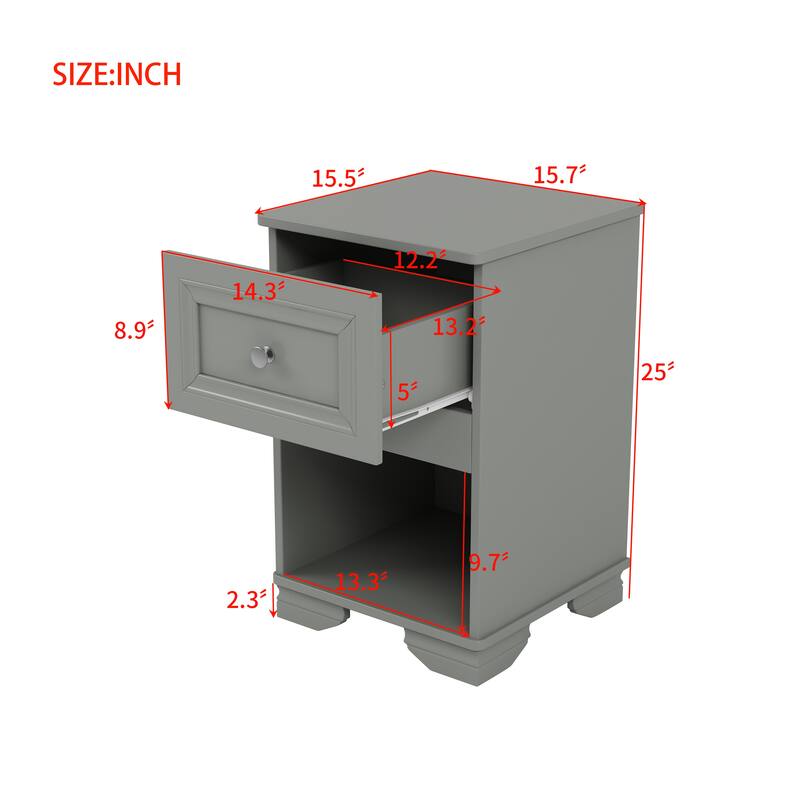 Retro Style Nightstand with Drawer and Open Shelf for Bedroom