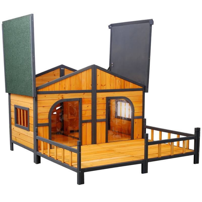 Wooden Outdoor XL Dog House with Porch, Weatherproof Raised Kennel