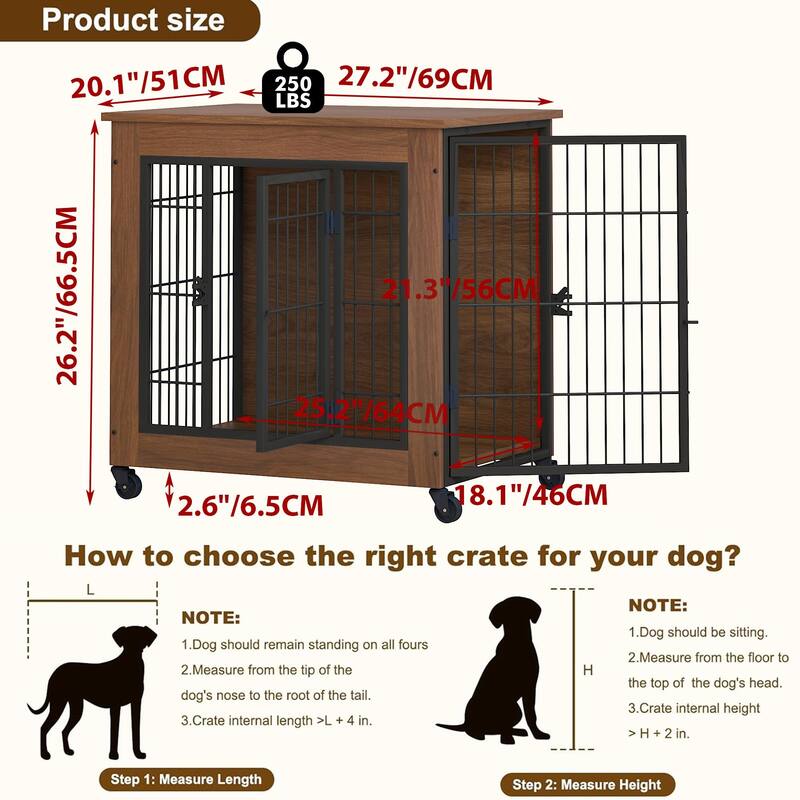 27.2" Dog Crate Furniture with Wheels for Small Dogs, Heavy Duty Dog Kennel Indoor with 2 Doors, Double-Doors Sturdy Dog Cage
