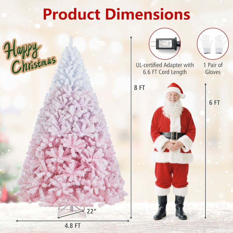 5/6/7/8 FT Pre-Lit Snow Flocked Christmas Tree Artificial Pink Tree - Pink+White - 8 Foot