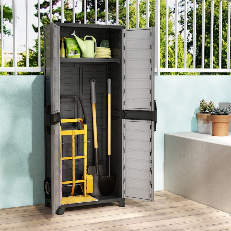 Black and Gray Tall Storage Cabinet with Adjustable Shelves Plastic Utility Cupboard for Garage Kitchen or Laundry Room