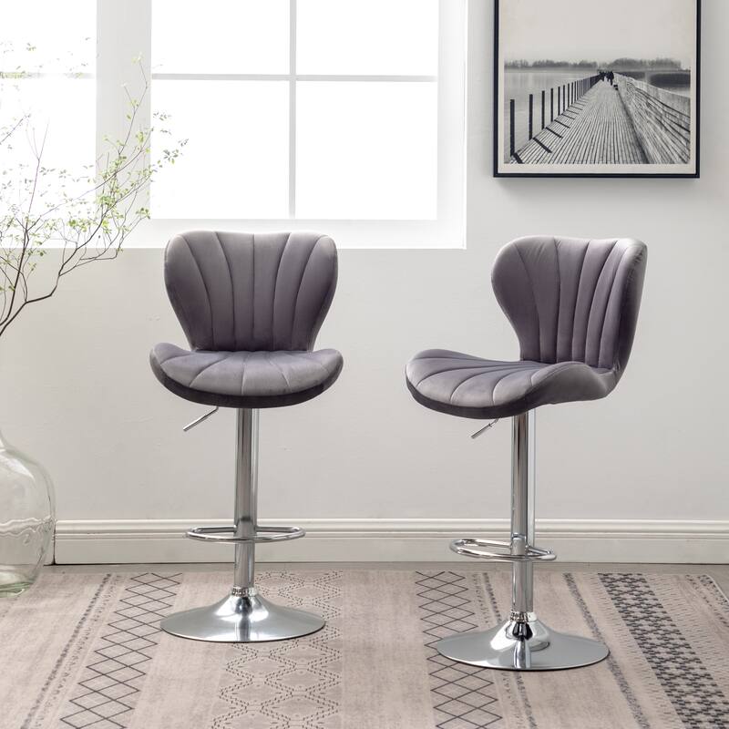 Set of 2 Adjustable Swivel Barstools with Upholstered Bucket Seats and Chrome Footrest.