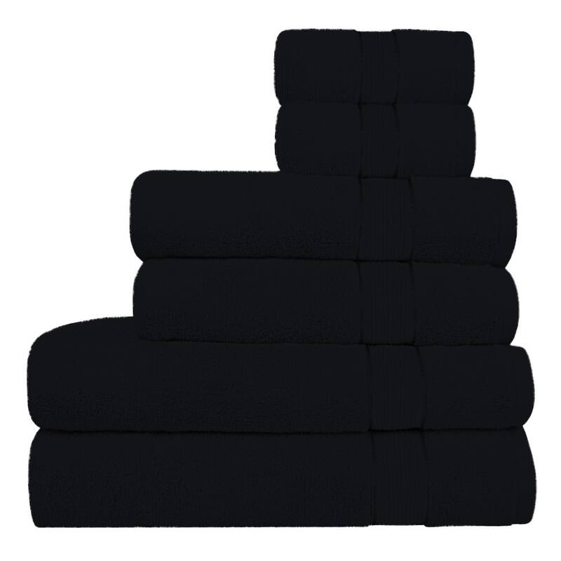 Superior Absorbent Zero Twist Cotton Bath Towel 6 Piece Set | 600 GSM | 2 Washcloths, 2 Hand Towels, 2 Bath Towels - 27''X54'' - Black