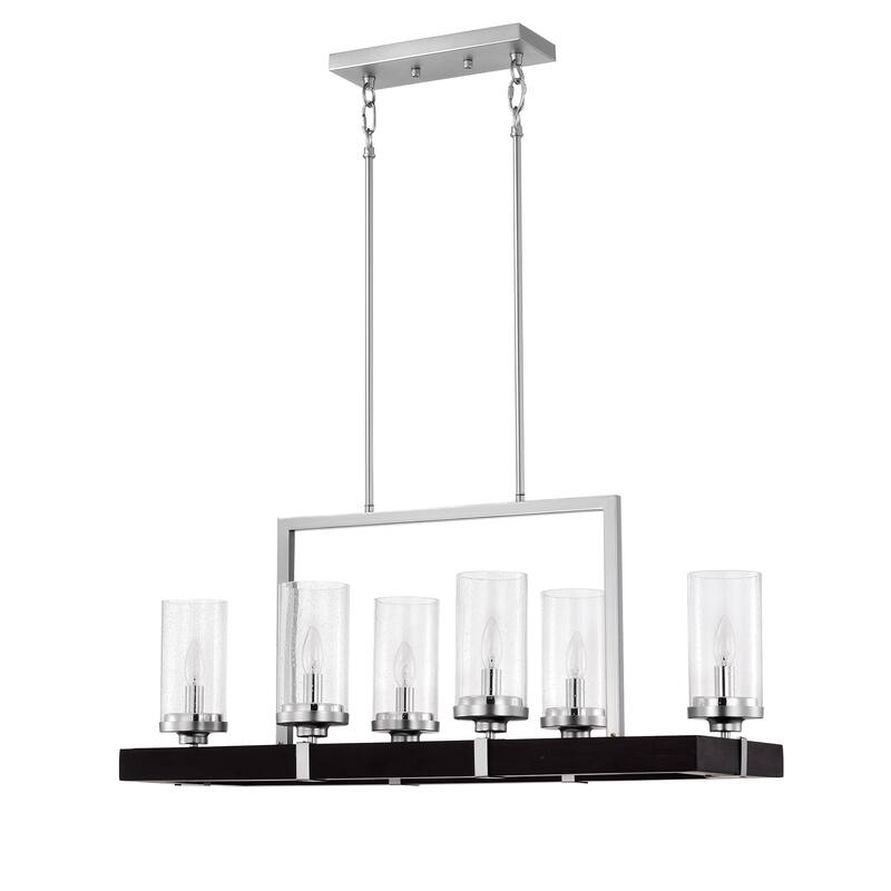 Wood and Metal 6-light Linear Chandelier with Seeded Glass Shades Silver / Black