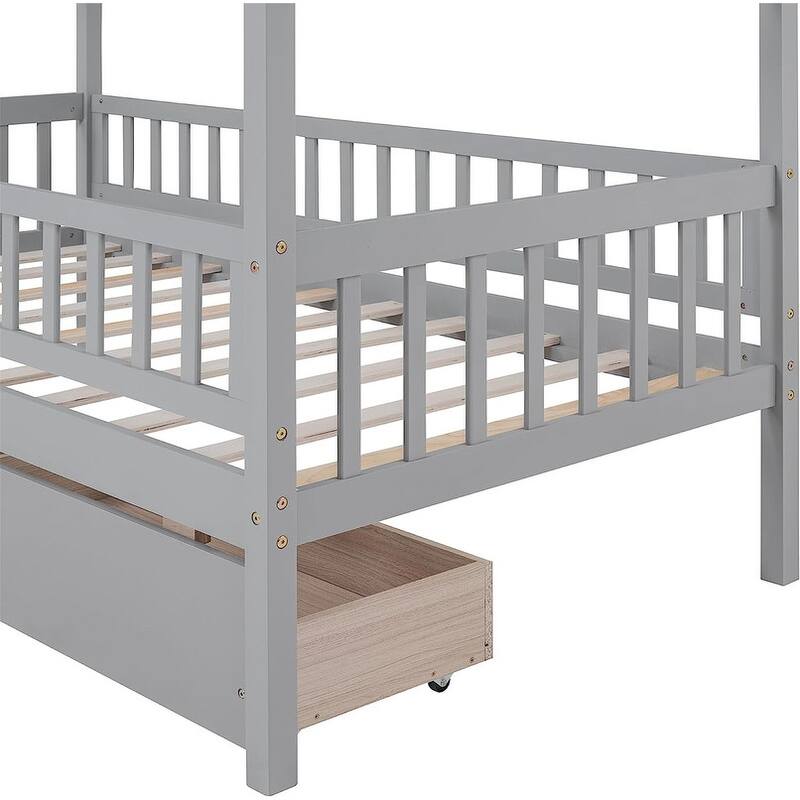 Twin House Bed with 2 Storage Drawers,Rails and Roof for Kids