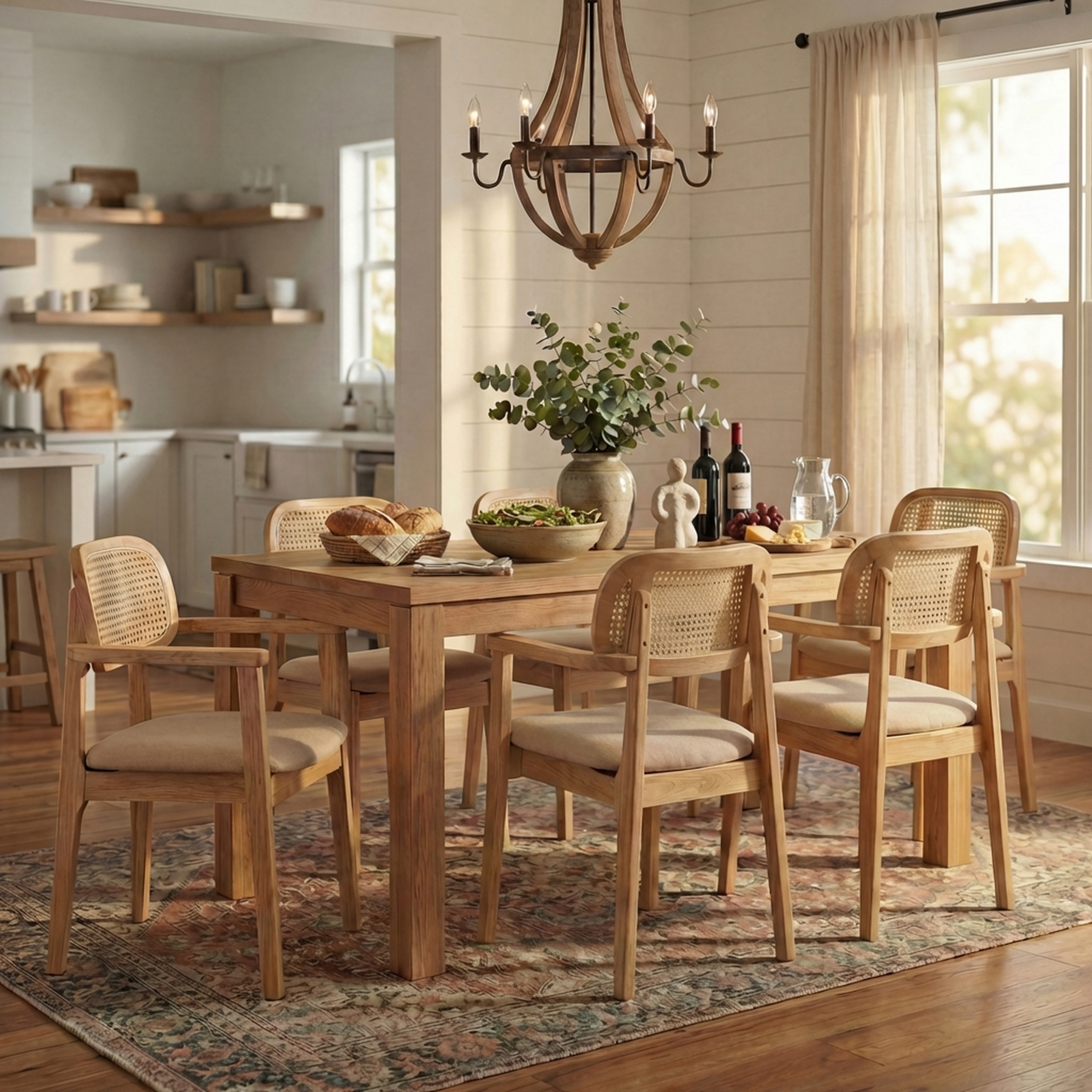 Christopher Knight Home - Set of 6 Orrin Modern Wood and Rattan Upholstered Dining Chair with Armrests