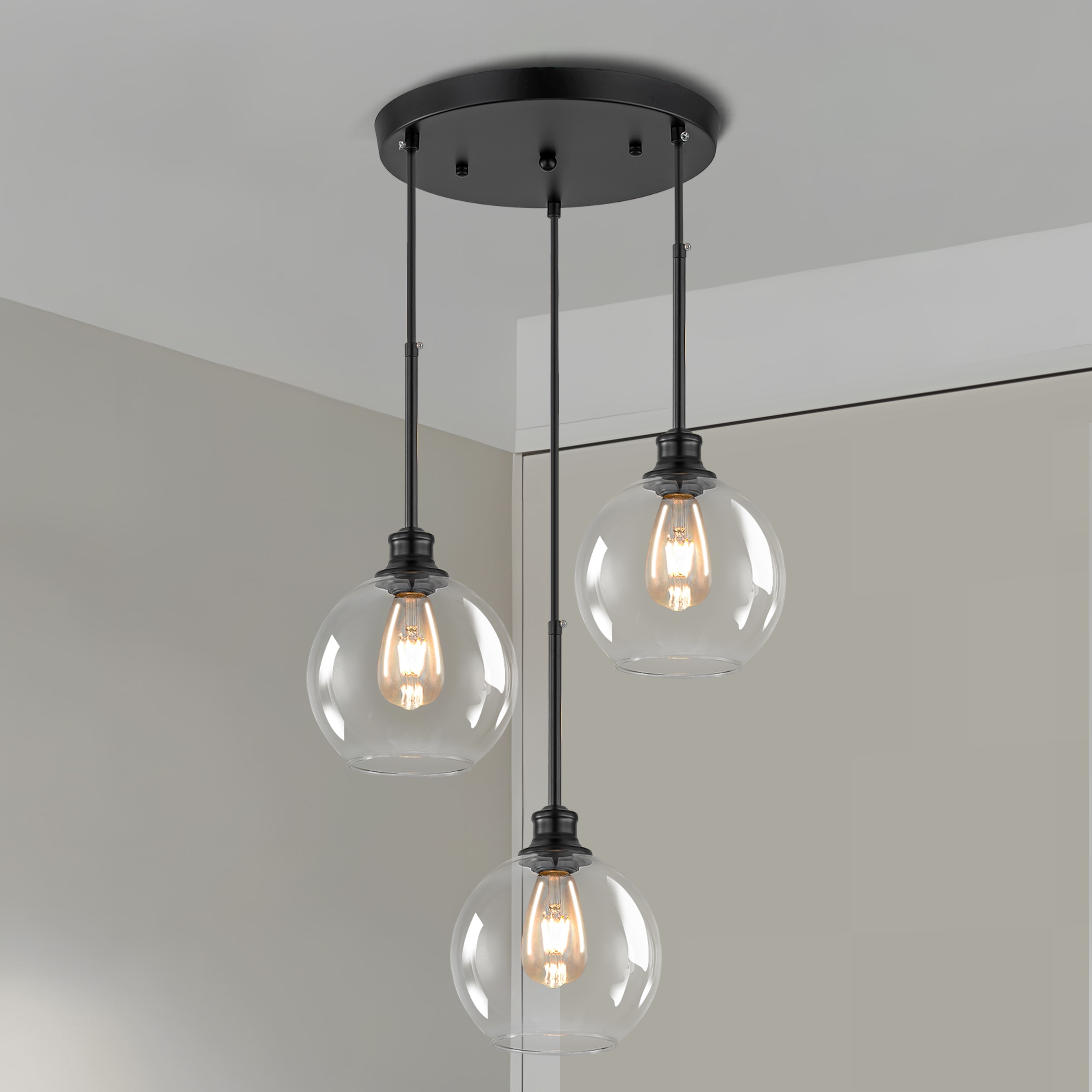 Starsky Modern 3-Light Clear Glass Chandelier Cluster Adjustable Height Pendant Lights for Kitchen Dining Room
