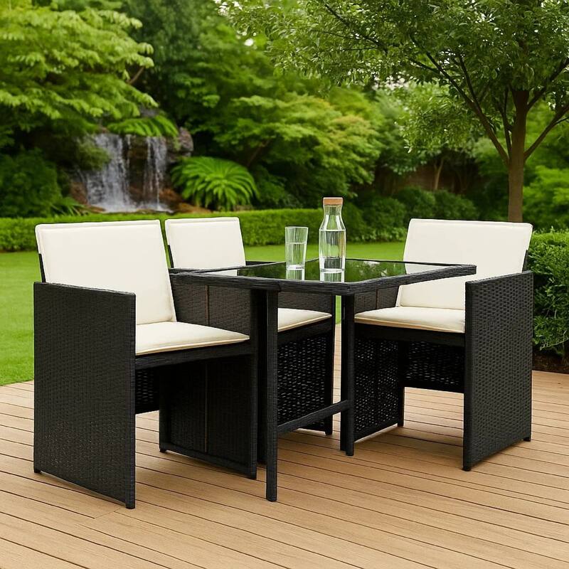 Outdoor Set of 4 with White Cushions, Black Rattan Woven Frame