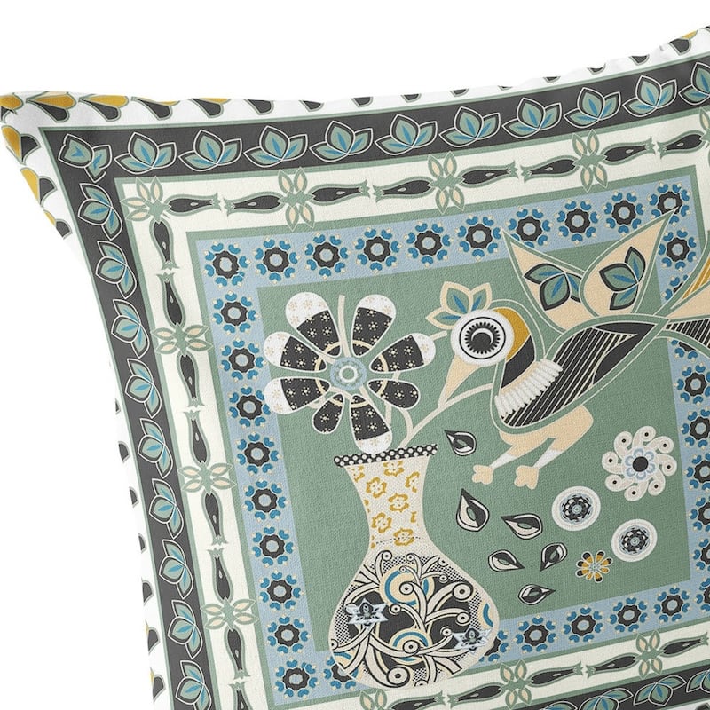 HomeRoots Set of Two 16" X 16" Green and Black Peacock Blown Seam Floral Indoor Outdoor Throw Pillow - 16.00' X '16.00' X '5.00