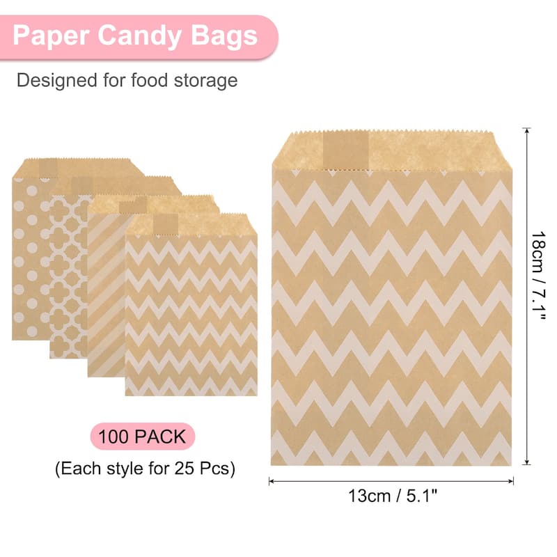 100Pcs Kraft Paper Treat Bags, 7" x 5" Candy Bags Flat Favor Bags