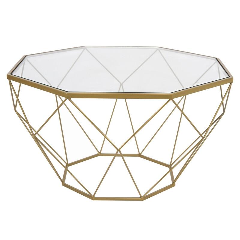 Malibu 29" Modern Octagon Center Coffee Table with Tempered Glass Table top & Sturdy Metal Geometric Base for Living Room Office - Brushed Gold