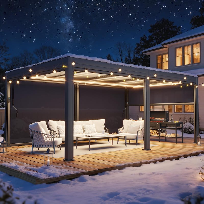 EROMMY Outdoor Louvered Pergola Gazebo with Adjustable Aluminum Rainproof Roof and Pull-Down Screen