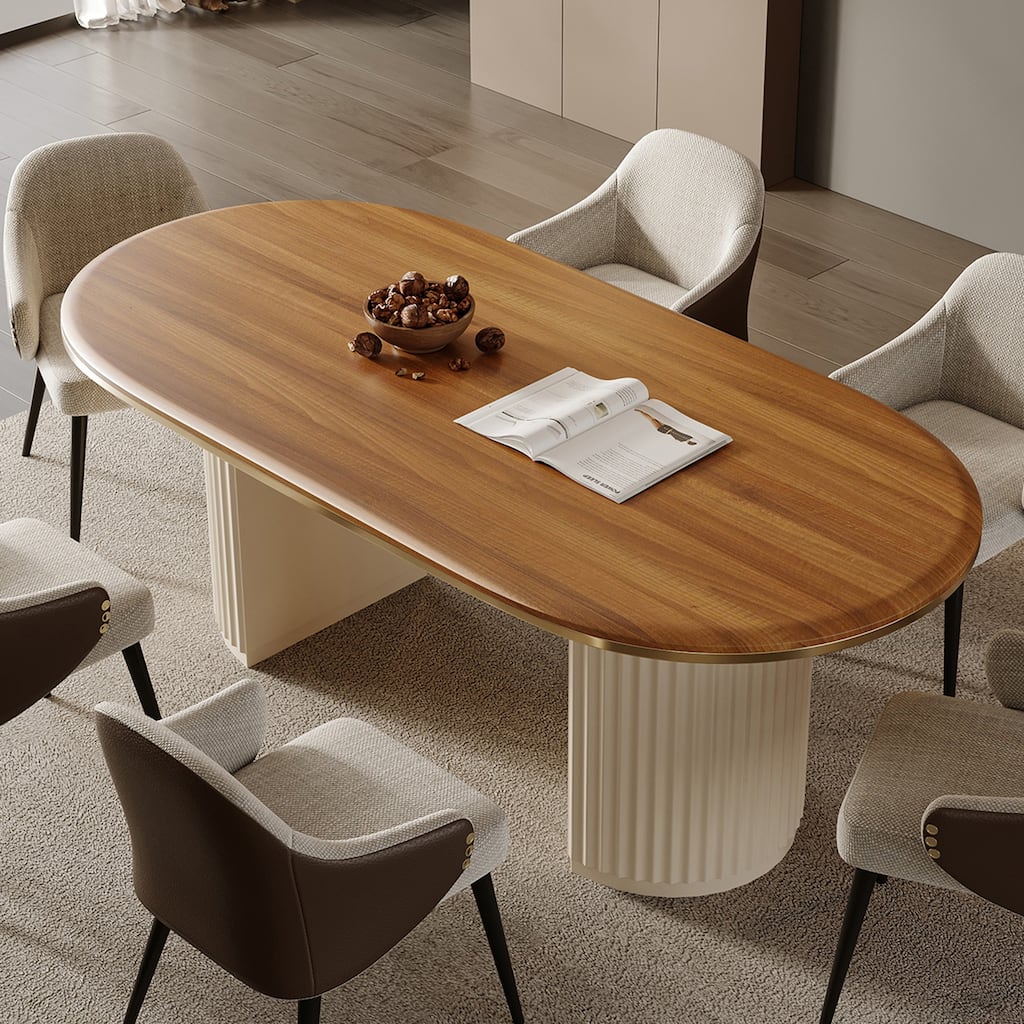 71" Mid Century Wood Rectangular Dining Table for 6, Oval Kitchen Table with double legs, Brown