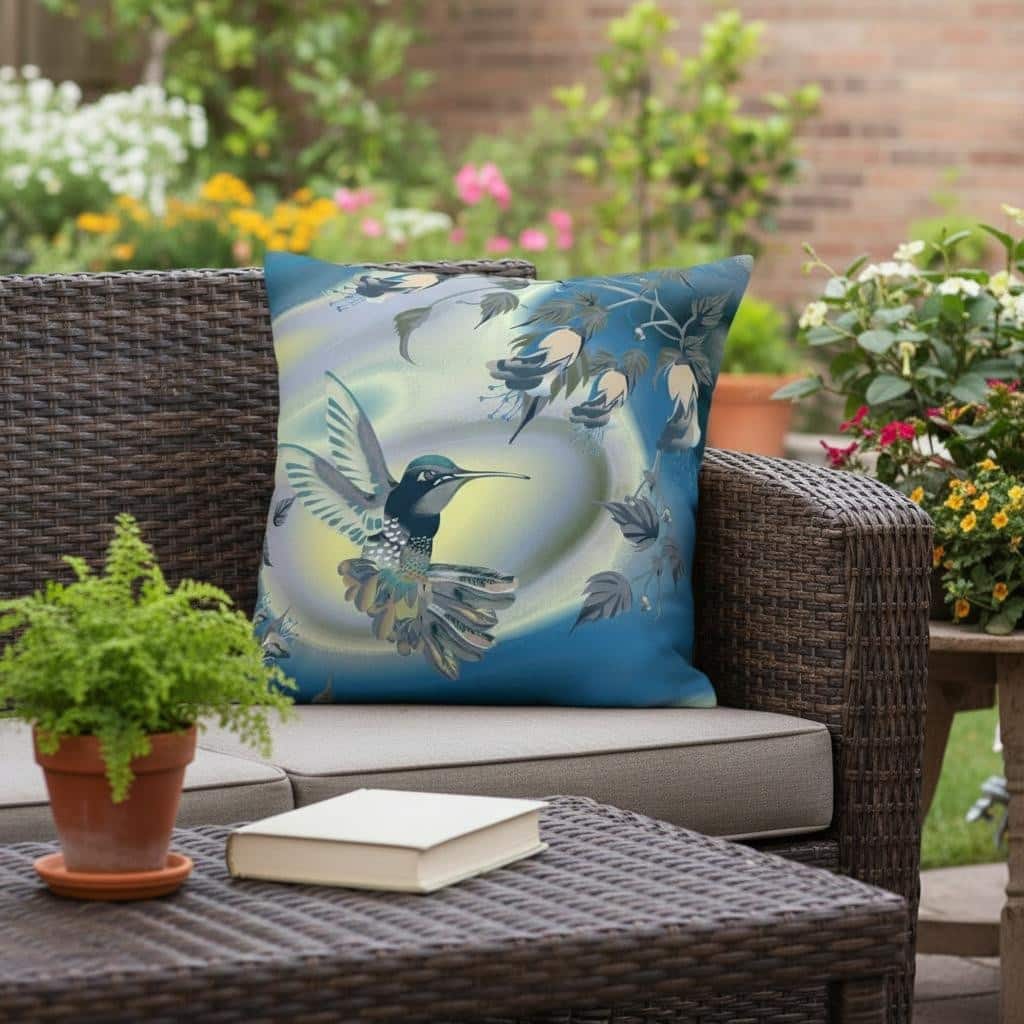 HomeRoots 16" X 16" Blue and Yellow Humming Bird Indoor Outdoor Throw Pillow - 16.00' X '16.00' X '5.00