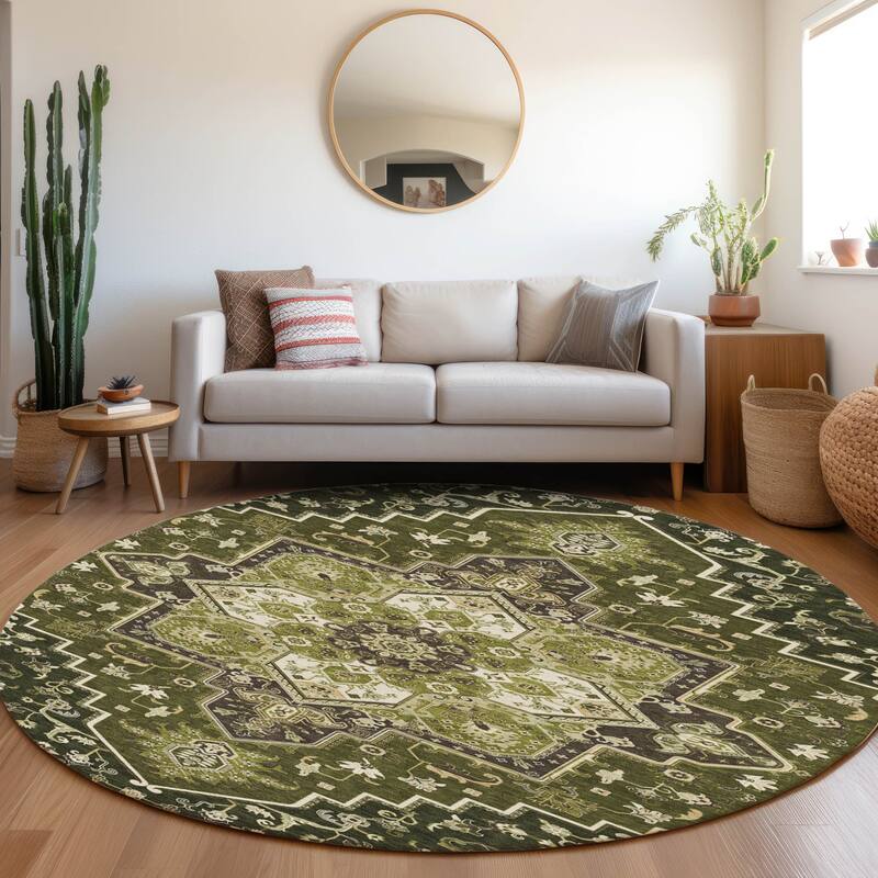 Machine Washable Indoor/ Outdoor Persian Traditional Chantille Rug - Olive - 8' x 8'