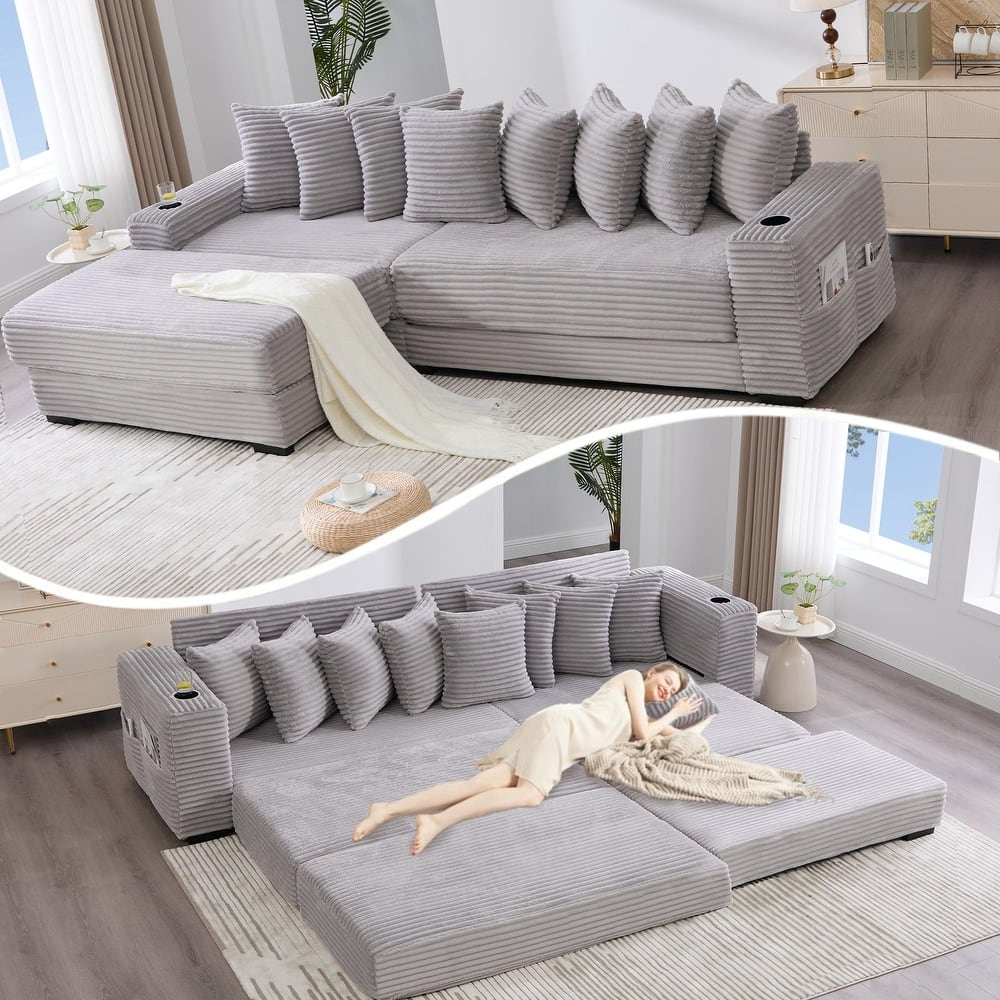 110.75" Corduroy Sectional Sofa, Convertible Sleeper Sofa Bed L-Shaped Upholstered Couch with Removable Footstool, Cup Holder