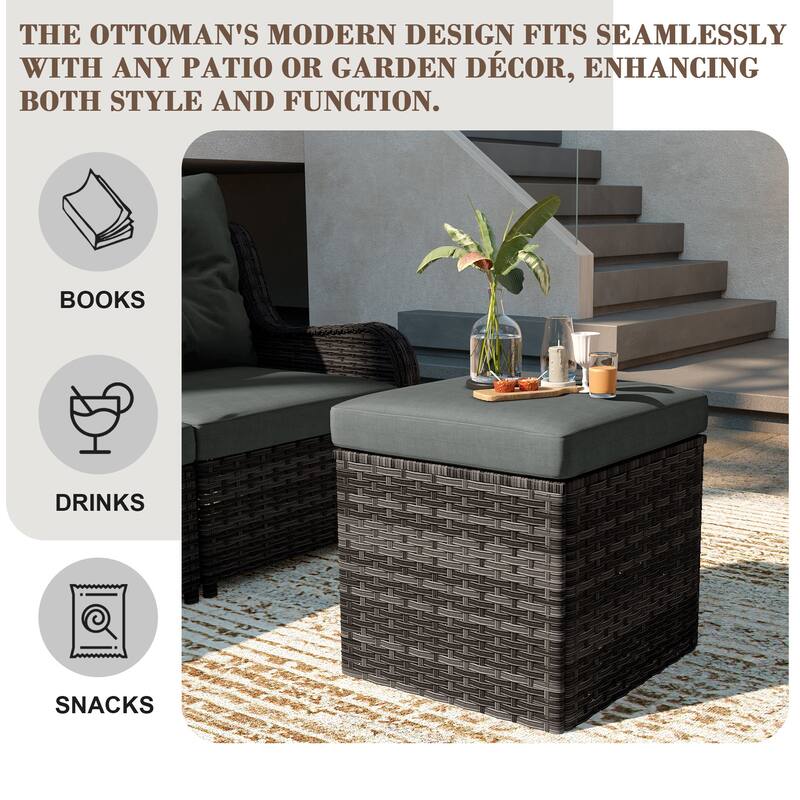 Outdoor Wicker Square Storage Ottoman with Plush Cushion