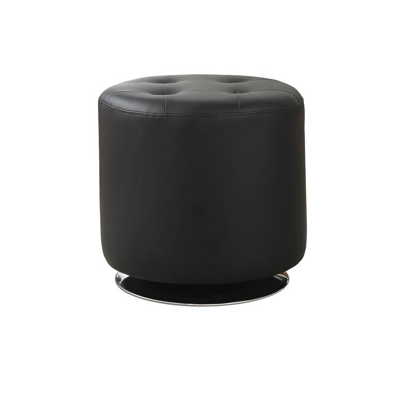 Round Leatherette Upholstered Ottoman - Black and Chrome