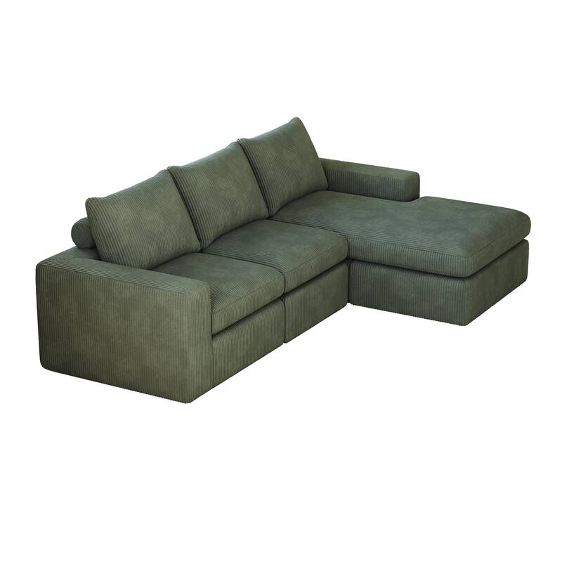 L-Shaped Sectional Sofa with Chaise Lounge, Corduroy Upholstered Boneless Couch, Module Corner Sofa with 3 Pillows