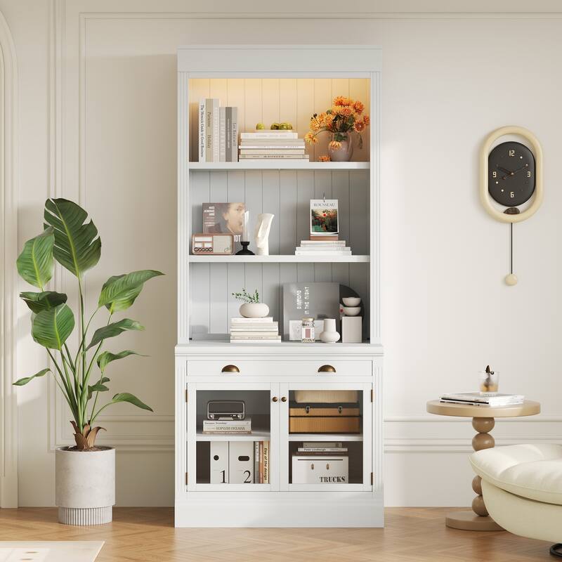 83.4" Contemporary Glass Door Bookcase with LED Lights & Drawer - Elegant Display Storage Shelf for Living Room and Study Room