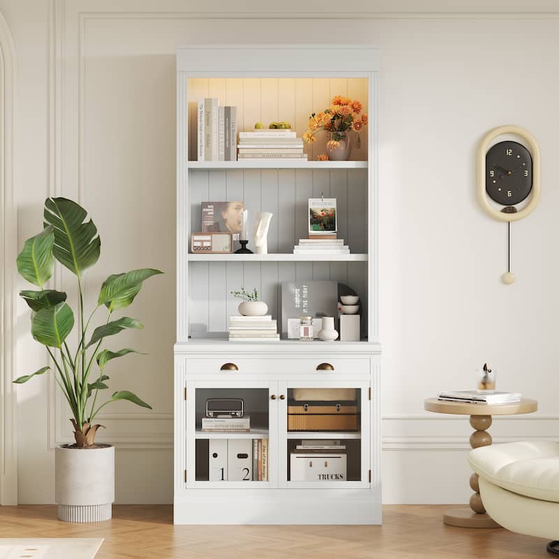 83.4" Modern Bookshelf Suite with LED Lights, Glass Doors, Drawers & Open Shelves, 2-Piece Storage Bookcase Set for Home Office