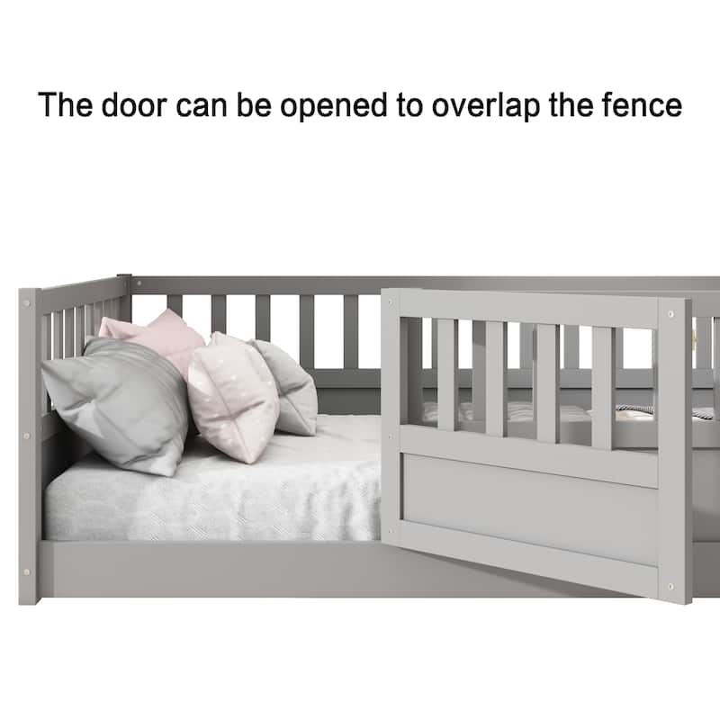 Grey Full Size Pine Wood Floor Bed, Integral Construction with Super High Security Barrier, Door, Children's Floor Bed Frame