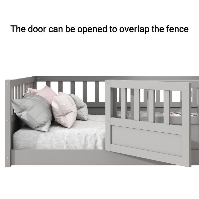 Grey Twin Size Pine Wood Floor Bed, Integral Construction with Super High Security Barrier, Door, Children's Floor Bed Frame