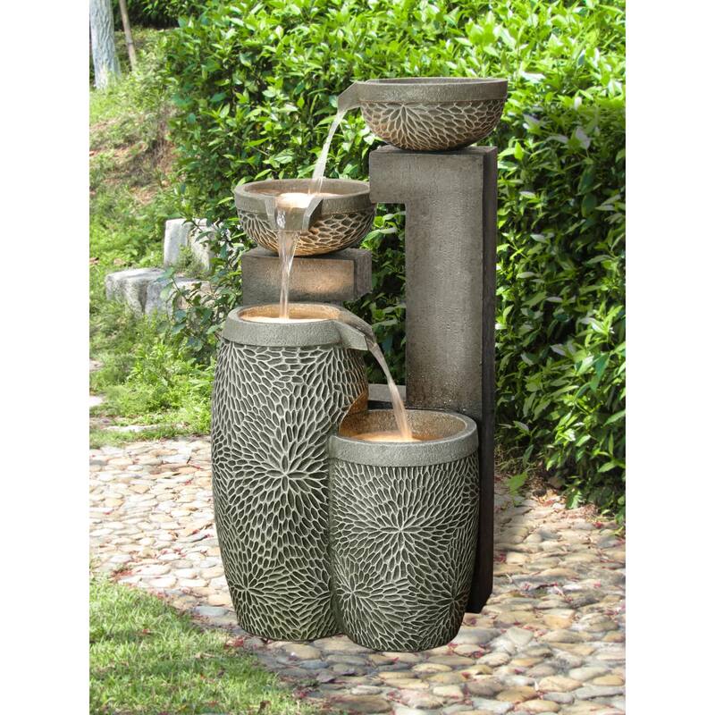 LED Cylindrical Cascading 3-Tier Outdoor Garden Water Fountain - 33.5"