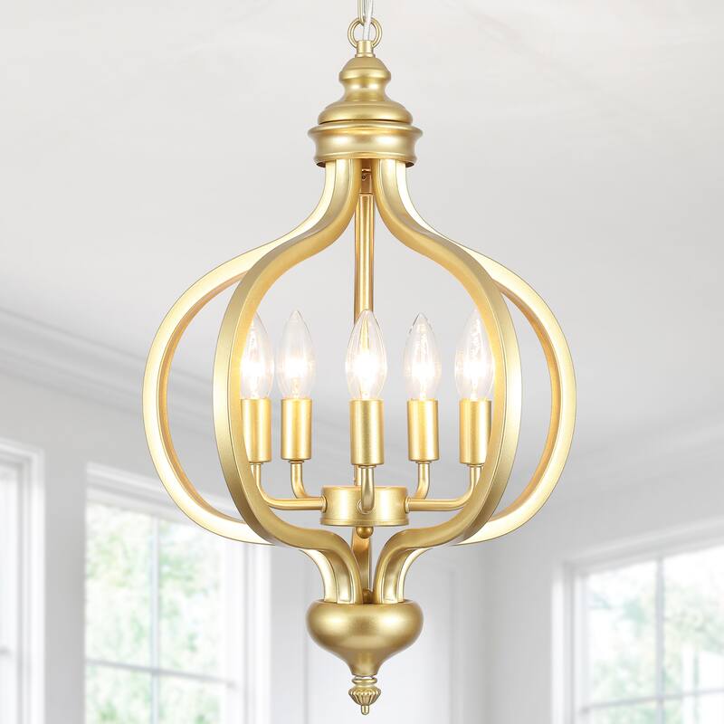 5-Light Metal Lantern Rustic Chandeliers for Entryway Hallway - Spray-painted Gold
