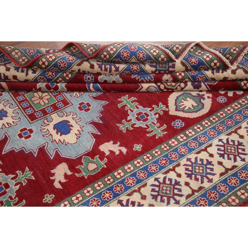 Hand Knotted Oriental 100% Wool Carpet Traditional Geometric Red Kazak Area Rug - 9' 9'' X 6' 6''