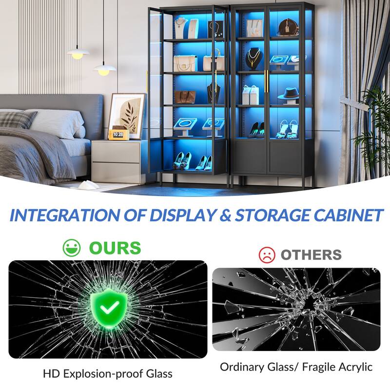 5-Tier Tempered Glass Curio Display Cabinet with Doors, Adjustable Shelves and 13 Color Lights - 67"H x 27.5"W x 13.8"D