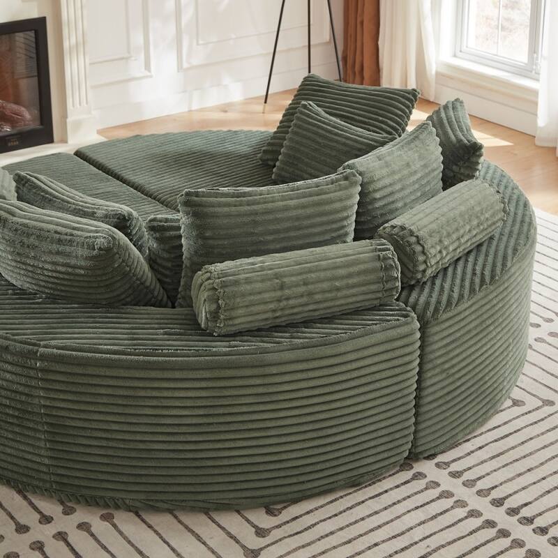 78.5" Corduroy Round Oversized 2-In-1 Sofa Bed, Neck Pillow Design With Four Throw Pillows