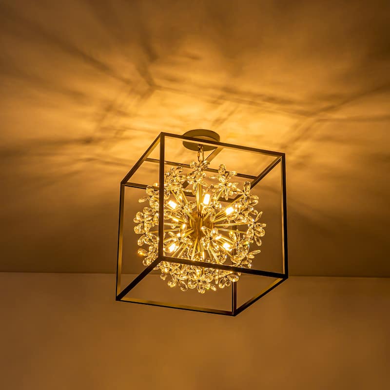 10-Light Modern Black Square Caged Chandelier Sputnik Gold Crystal Chandelier for Living/Dining Room - 16.1 in. W x 17.1 in. H