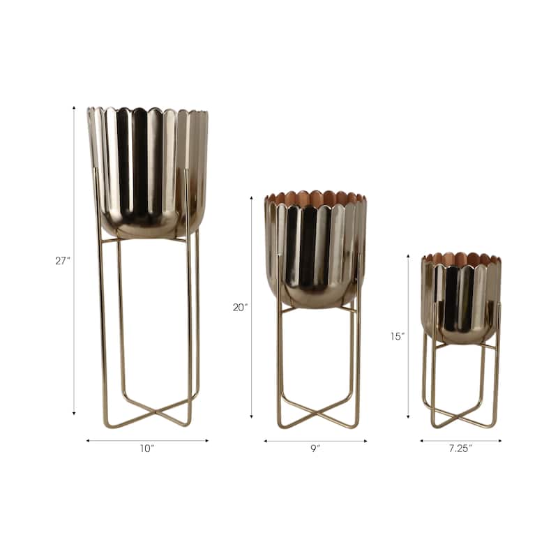 Metal Planter on Stand Scalloped Finish (Set of 3) - 7", 9", 10" Gold - 9.75" x 9.75" x 27"