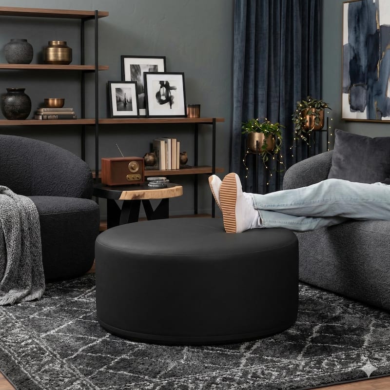 Jaxx Candler Round Couch Ottoman Large Coffee Table & Foot Rest - 36 Inch - Vegan Leather Black