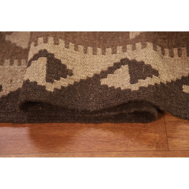 Geometric Kilim Oriental Rug Flat-weave Brown Wool Carpet - 4'4" x 6'7"