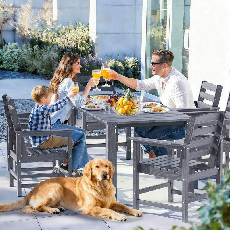 Gray 5/7-Piece HDPE Wood Grain Patio Outdoor Dining Set with Armrest & Umbrella Hole