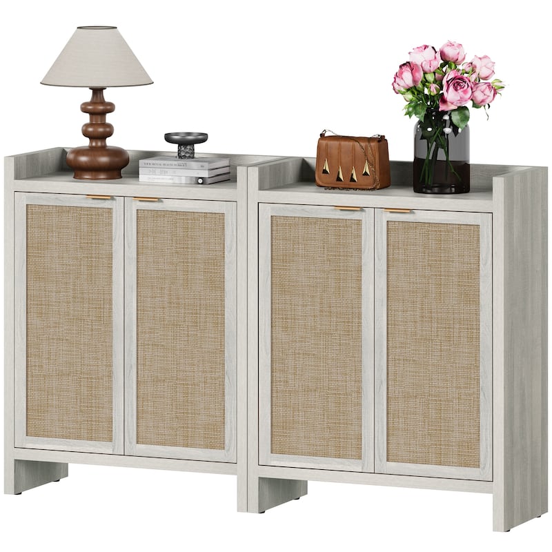 Set of 2 Modern Natural Rattan Shoe Cabinets - 41 x 32.4 x 14.8 - White