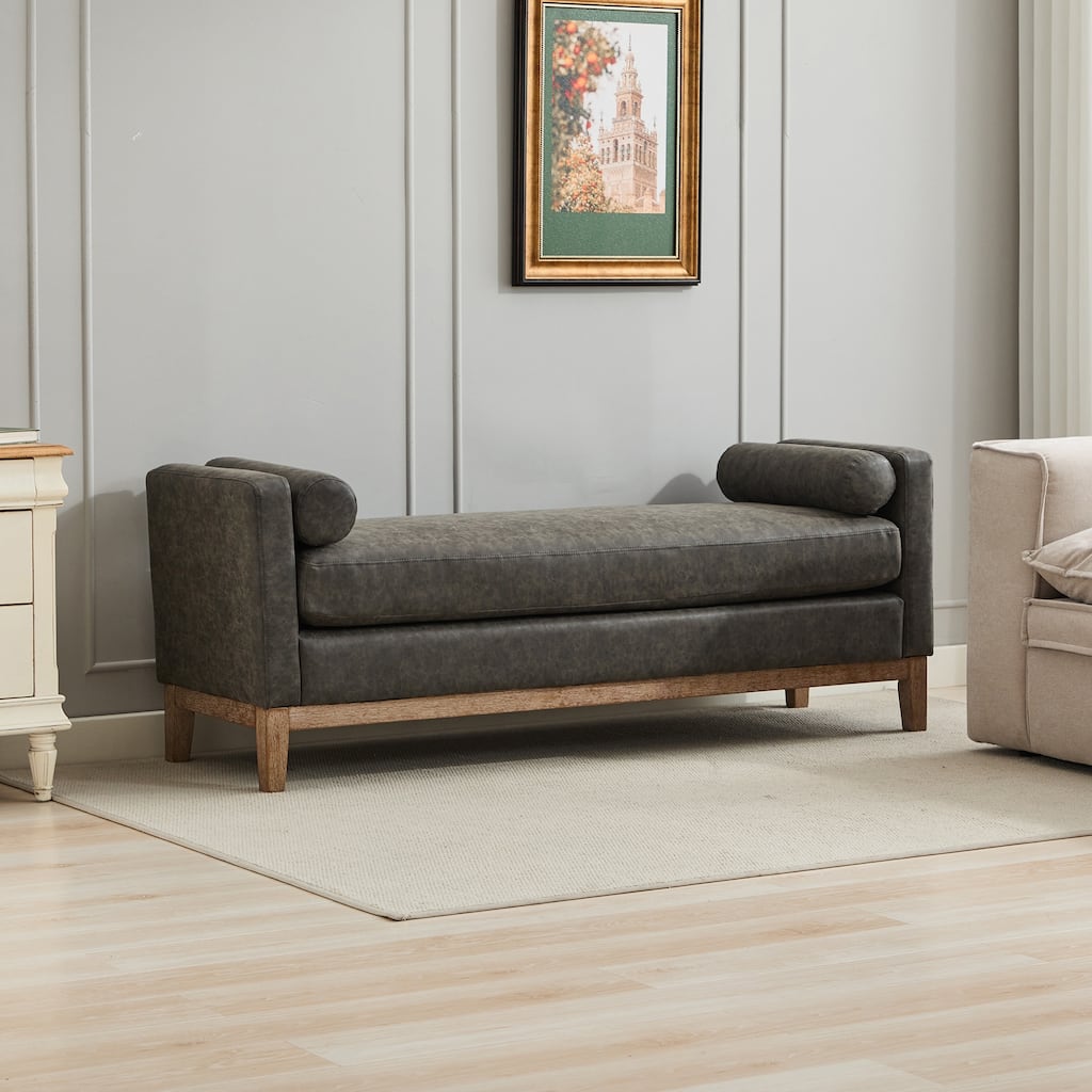 66.34"W Upholstered Bench, End of Bed Bench Ottoman with Wood Legs & 2 Bolster Pillows for Bedroom, Entryway
