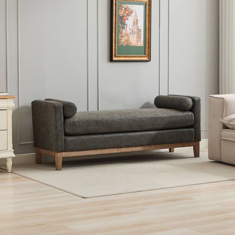 Roomfitters 66.34" Upholstered Bench Daybed with Fluted Wood Legs and 2 Bolster Pillows, Bedroom