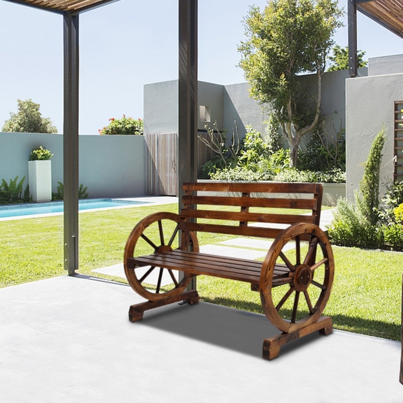 Outdoor Wooden Wagon Wheel Bench with Slatted Seat and Backrest On Sale Bed Bath Beyond 32742013